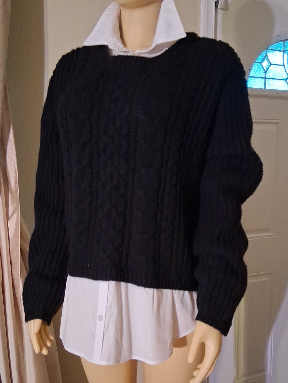 Black Cable-Knit Crewneck Sweater - Shirt Combo